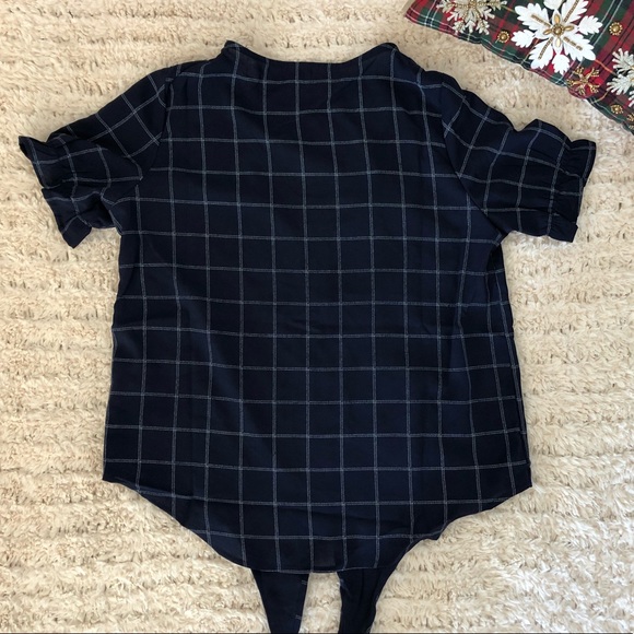 Cropped Button Down Blouse Navy Blue, Front Tie - Picture 6 of 8